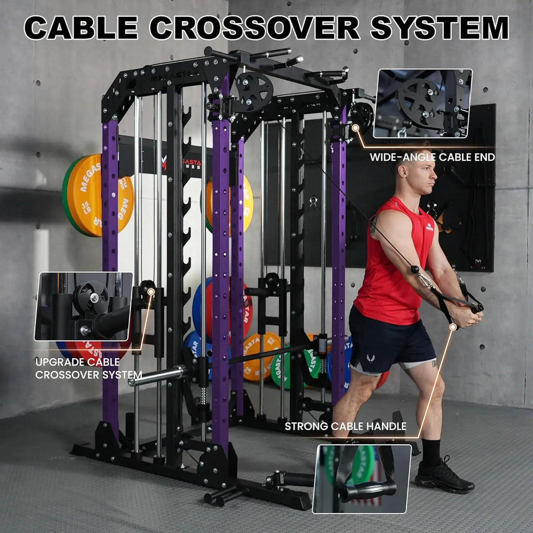 Smith Machine, 2600LBS Squat Rack, 7-in-1 Home Gym Cage with Adjustable Safety Bars, Pull-Up & LAT Pulldown, Customized
