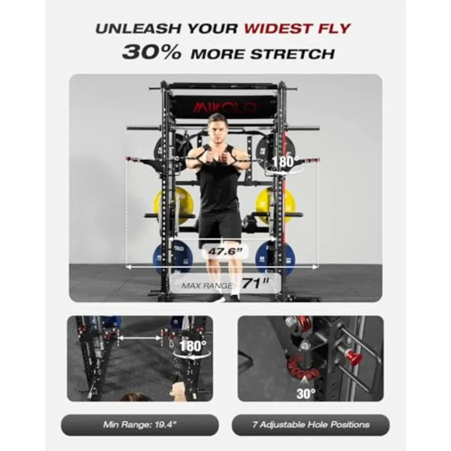 Smith Machine Multi-Function Power Cage with Dual Pulley System Vertical Leg Press Attachment Squat Rack Power Rack with More T