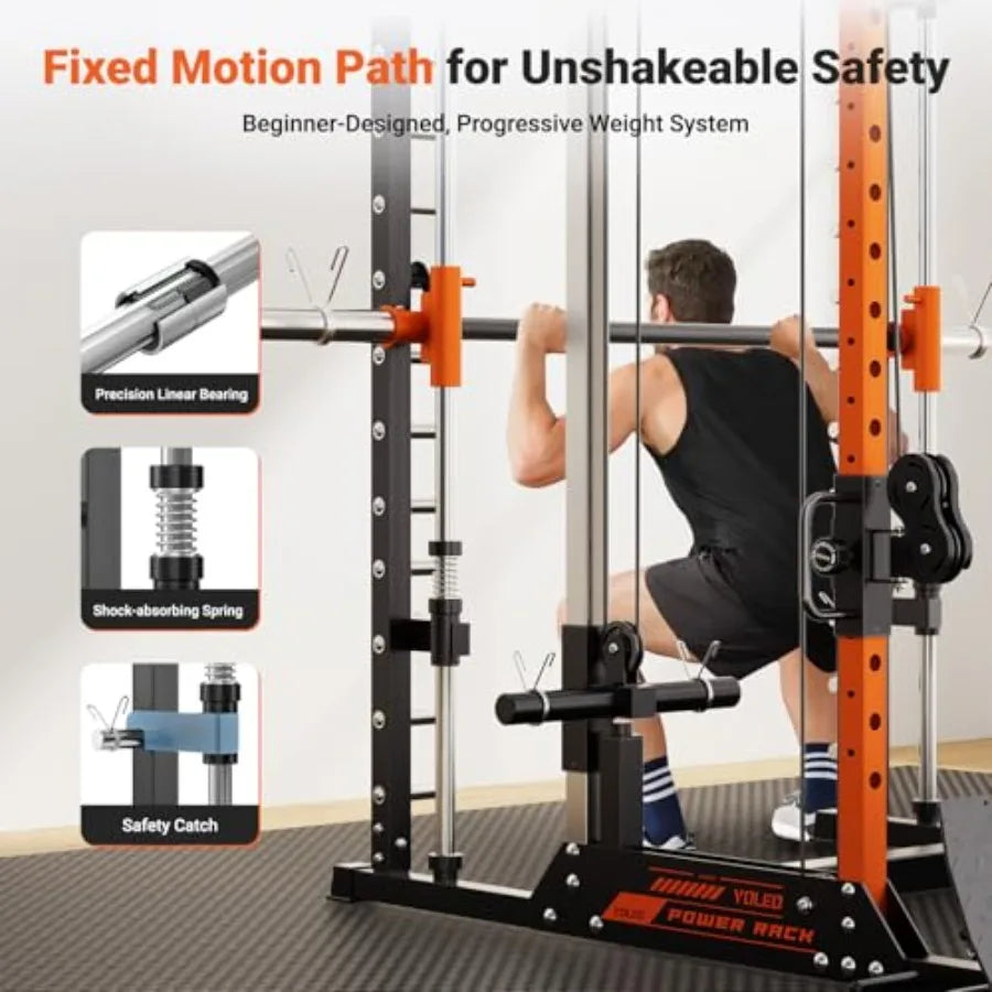 Smith Machine Squat Rack Combo Multi-Functional Power Racks with Adjustable Width Pull-Up Bar Cable Crossover Power Cage Indepe