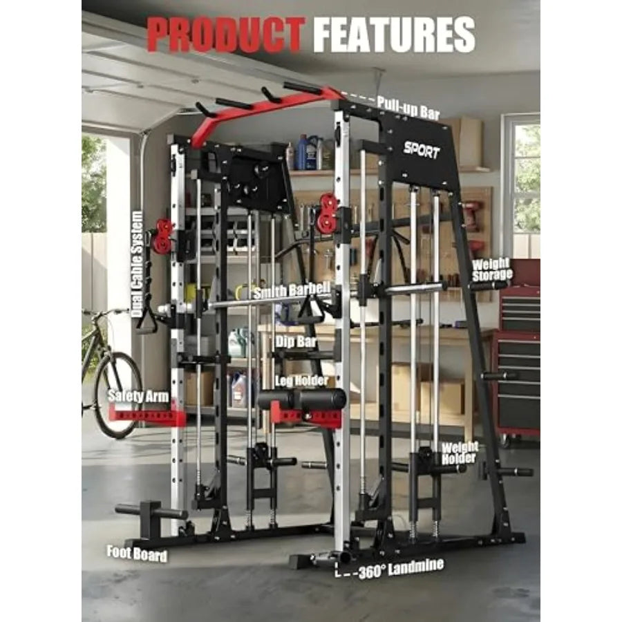 Smith Machine Home Gym All in One Power Cage 2200LBS Workout Equipment Multifunctional Gym with Squat Rack Cable System LAT Pul