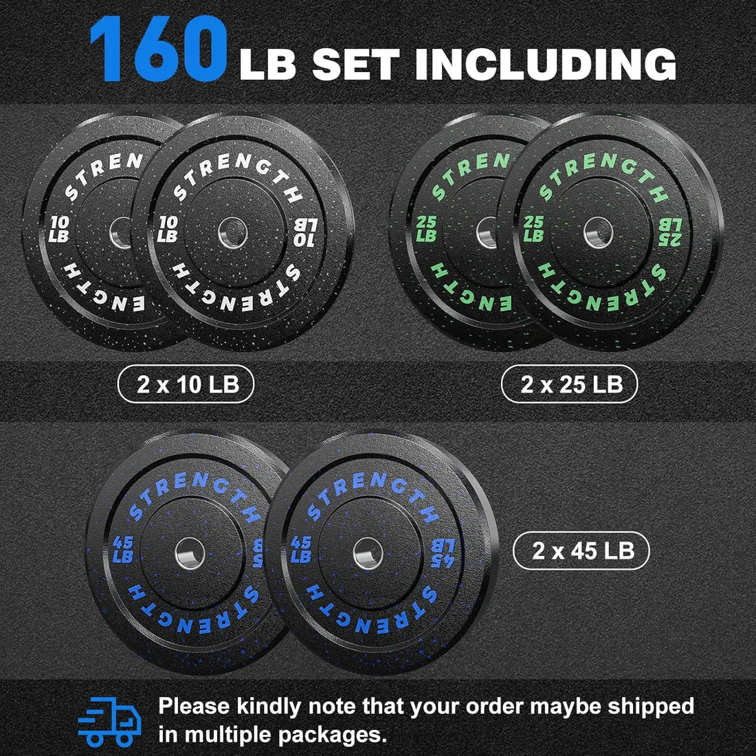 Pro-Grade 2" Bumper Plates 160LB Set, High-Bounce Colored Fleck-Rubber Weight Plates, Floor-Protective＆Noise-Reducing