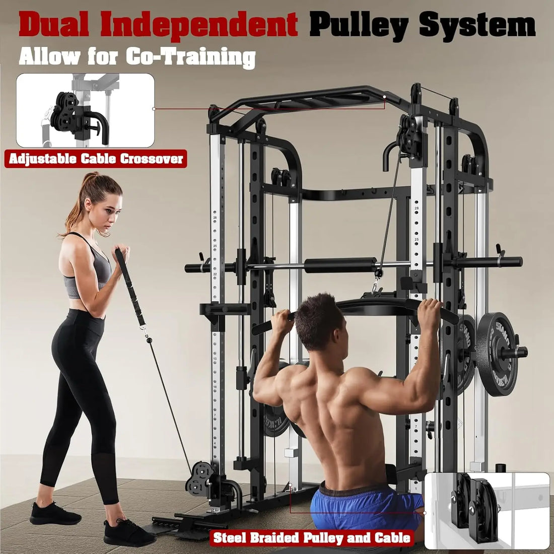 Smith Machine, Multifunctional Power Cage Rack with Smith Bar and Cable Pulley System, and LAT Pull Down Machine for, Custom