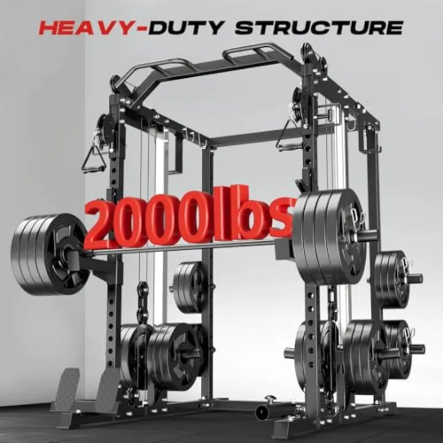 Power Cage Home Gym, Dual Pulley Cable Crossover System, All-in-One Squat Power Rack with Strength Training Attachments for Ful