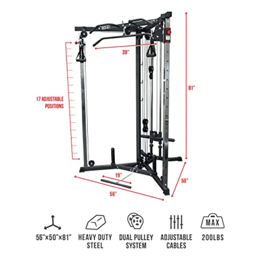 Home gym cable crossover machine with steel frame, black finish, 17 adjustable positions, pull-up bars, plate-loaded pulley sys